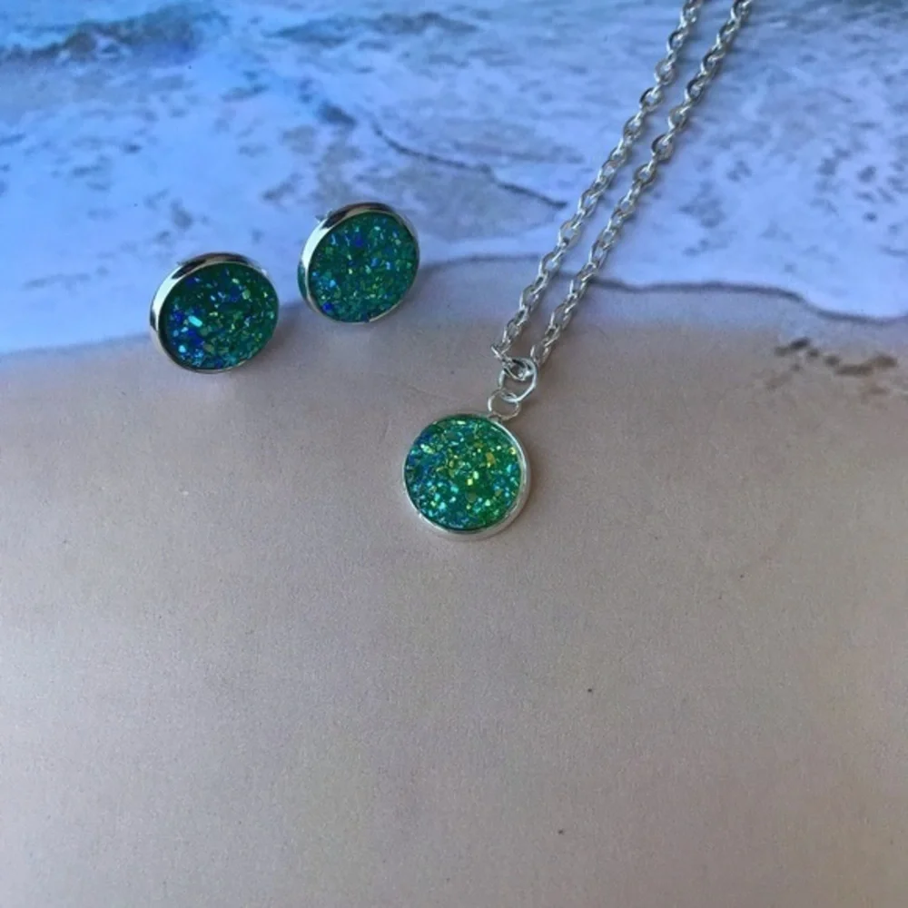 Aqua Green Druzy Necklace And Earring Set 18